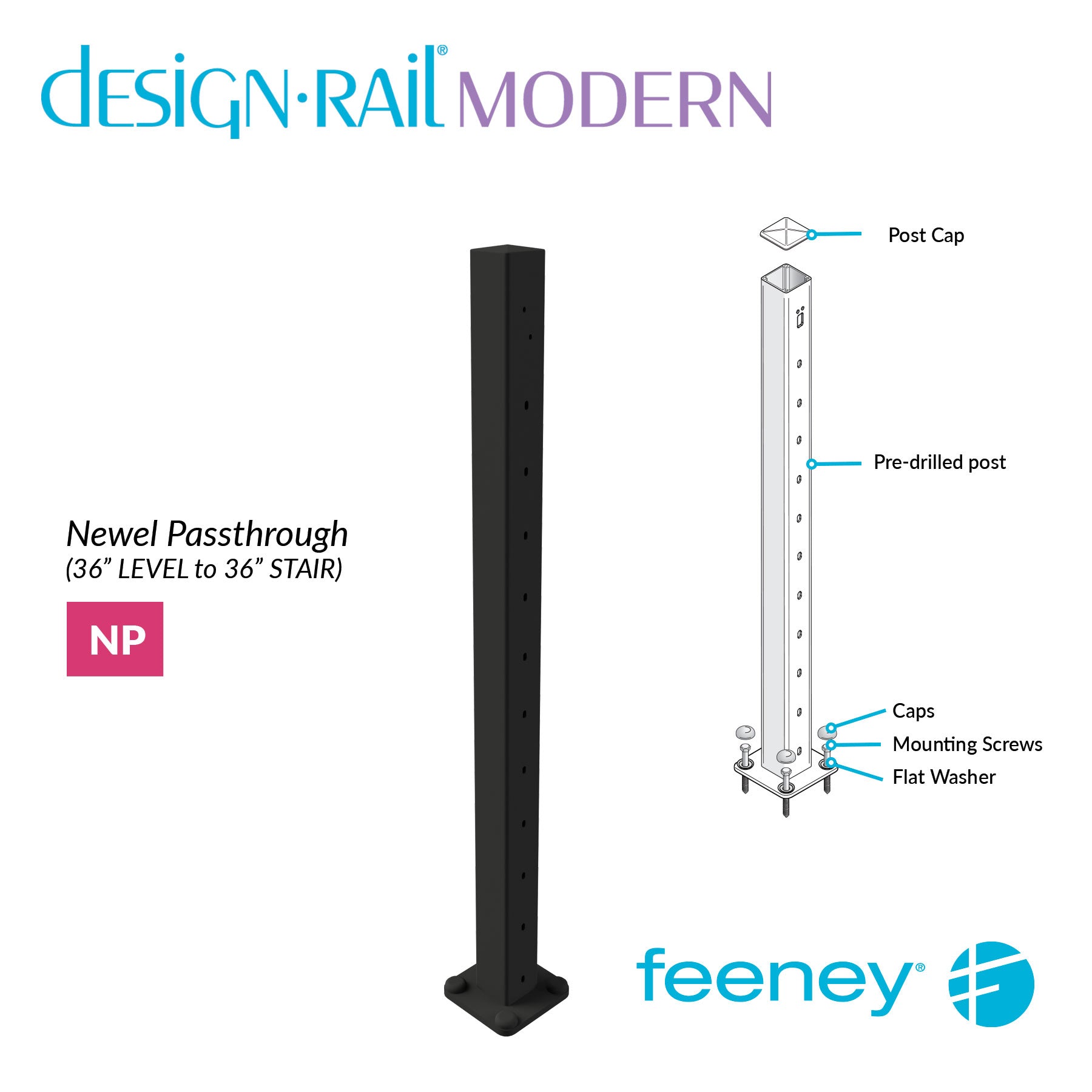  Feeney® DesignRail® Modern Kits (Level to Stair) Passthrough Newel Post Kit (36